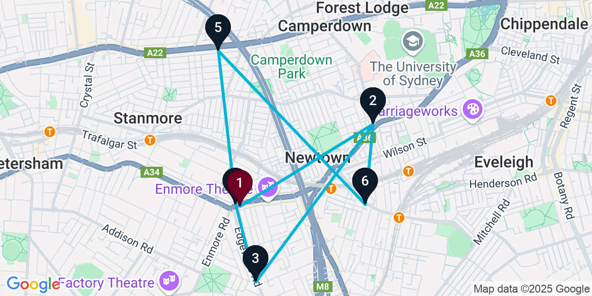 Map for 7-Stop Enmore Nightclub Bar Crawl