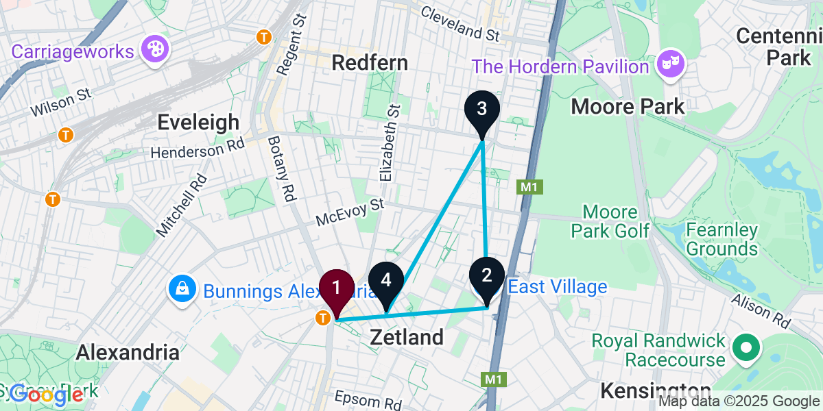 Map for 4-Stop Zetland Wine bar Bar Crawl