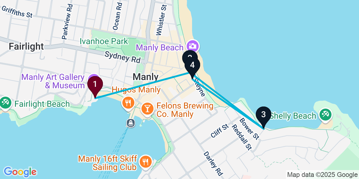 Map for 4-Stop Manly Beach bar Bar Crawl
