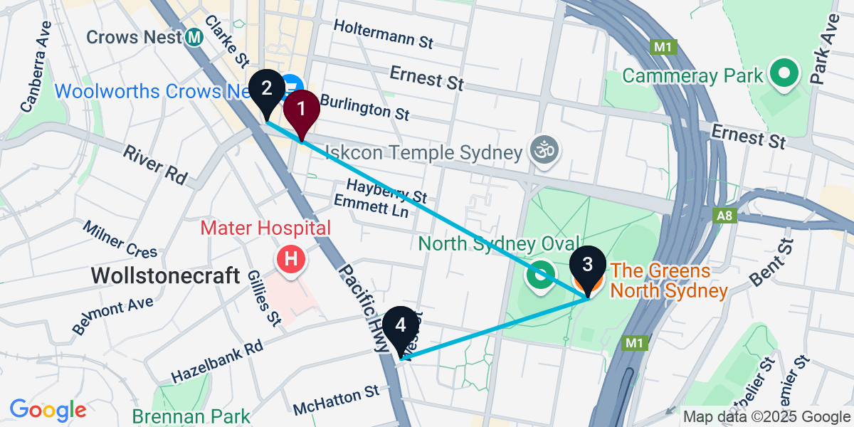 Map for 4-Stop Crows Nest Pub Bar Crawl