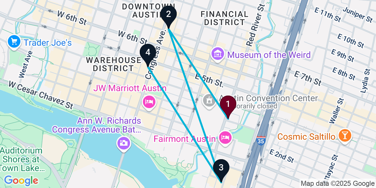 Map for 4-Stop Austin Rooftop Bar Crawl