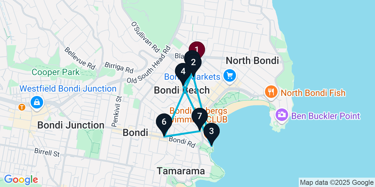 Map for 7-Stop Bondi Beach Cocktail Bar Crawl