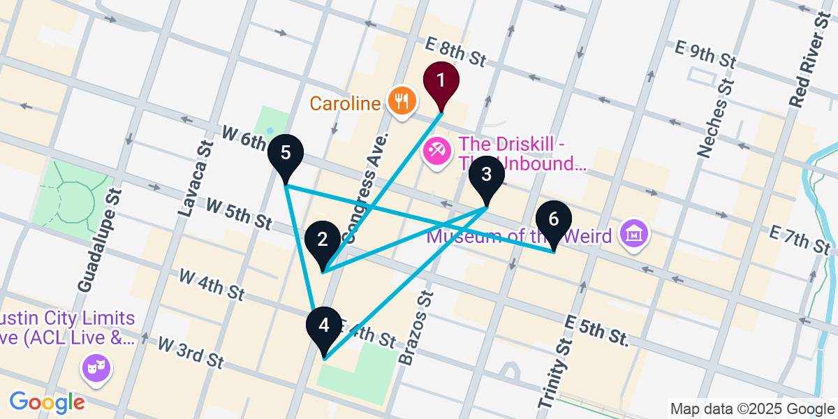 Map for 6-Stop Austin Bar Crawl
