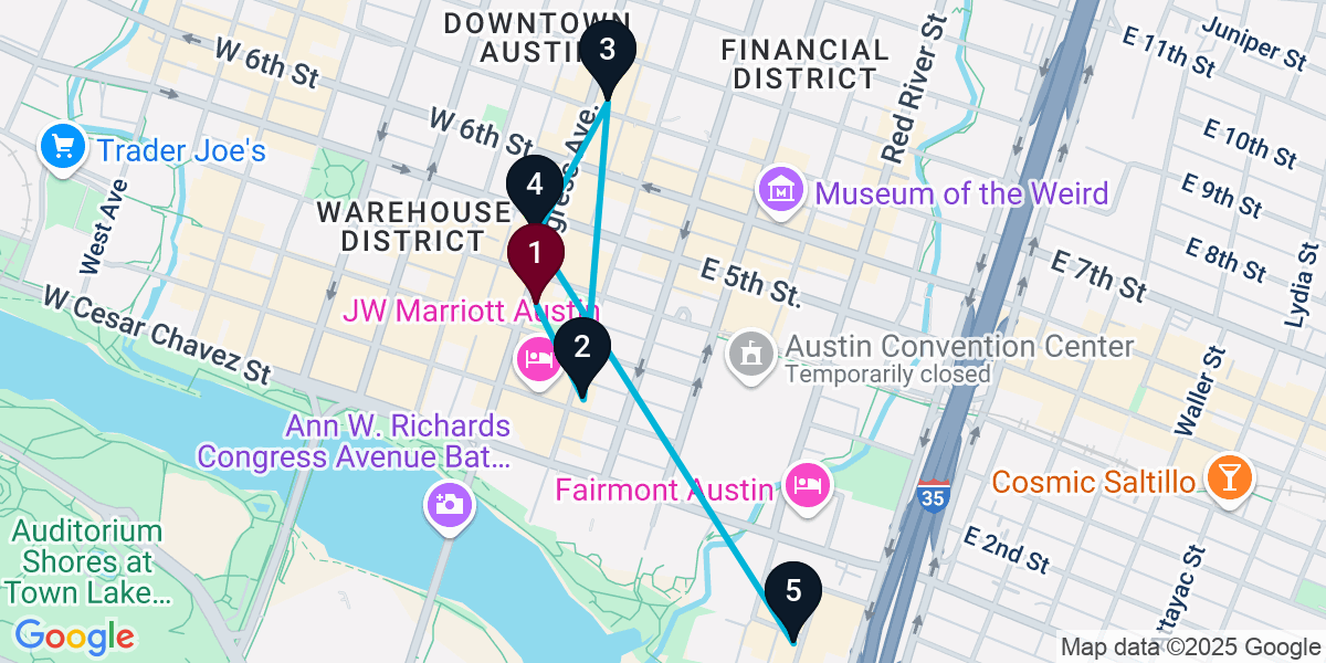 Map for 5-Stop Austin Cocktail Bar Crawl