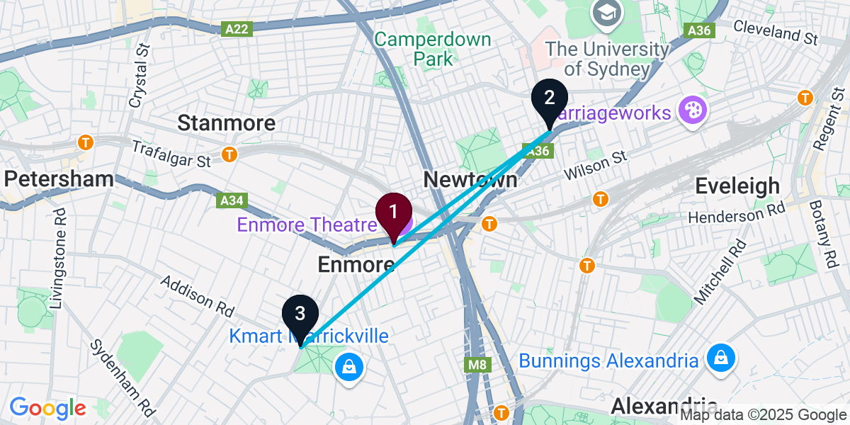 Map for 3-Stop Newtown Live music Bar Crawl