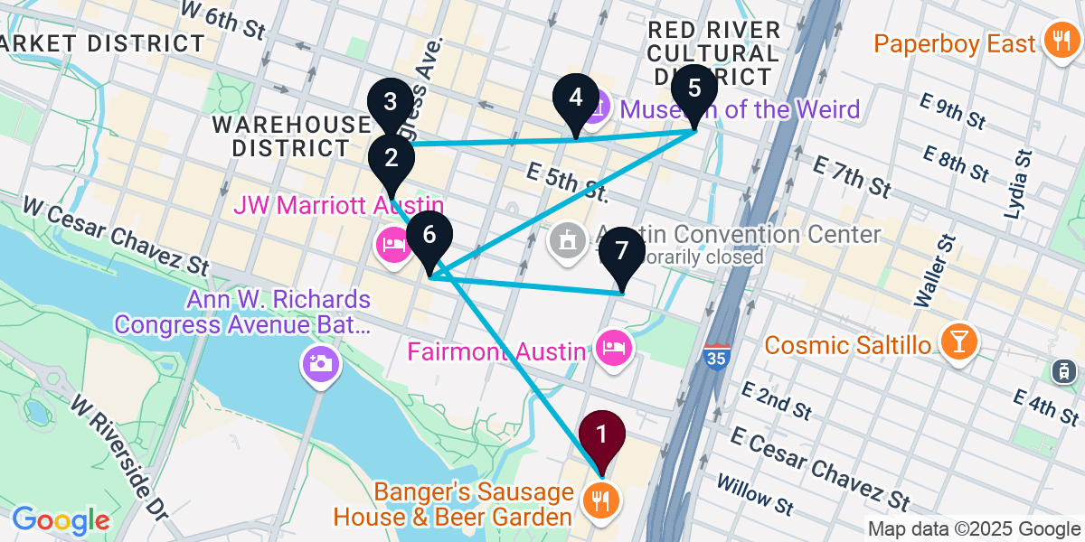 Map for 7-Stop Austin Cocktail Bar Crawl