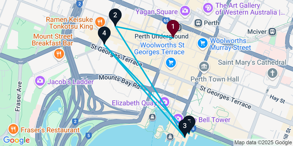 Map for 5-Stop Perth Rooftop Bar Crawl