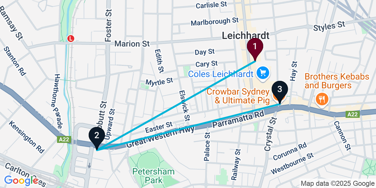 Map for 3-Stop Leichhardt Pub Bar Crawl