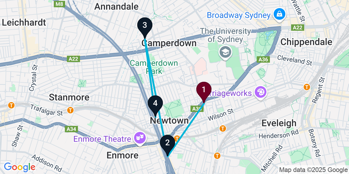 Map for 4-Stop Newtown Speakeasy Bar Crawl