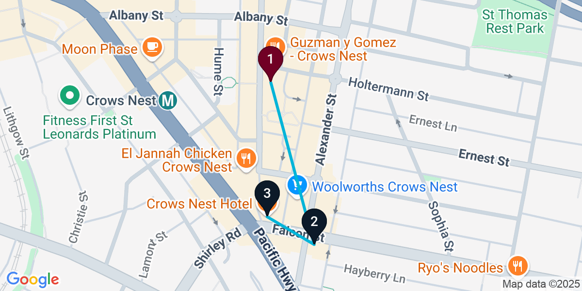 Map for 3-Stop Crows Nest Pub Bar Crawl