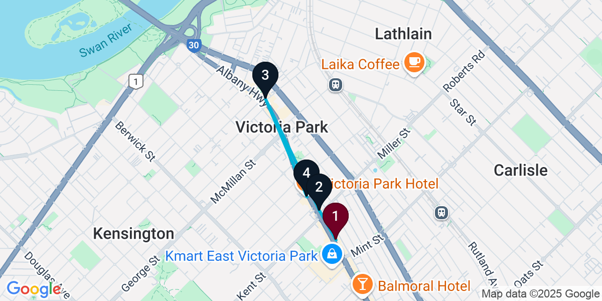 Map for 4-Stop East Victoria Park Pub Bar Crawl