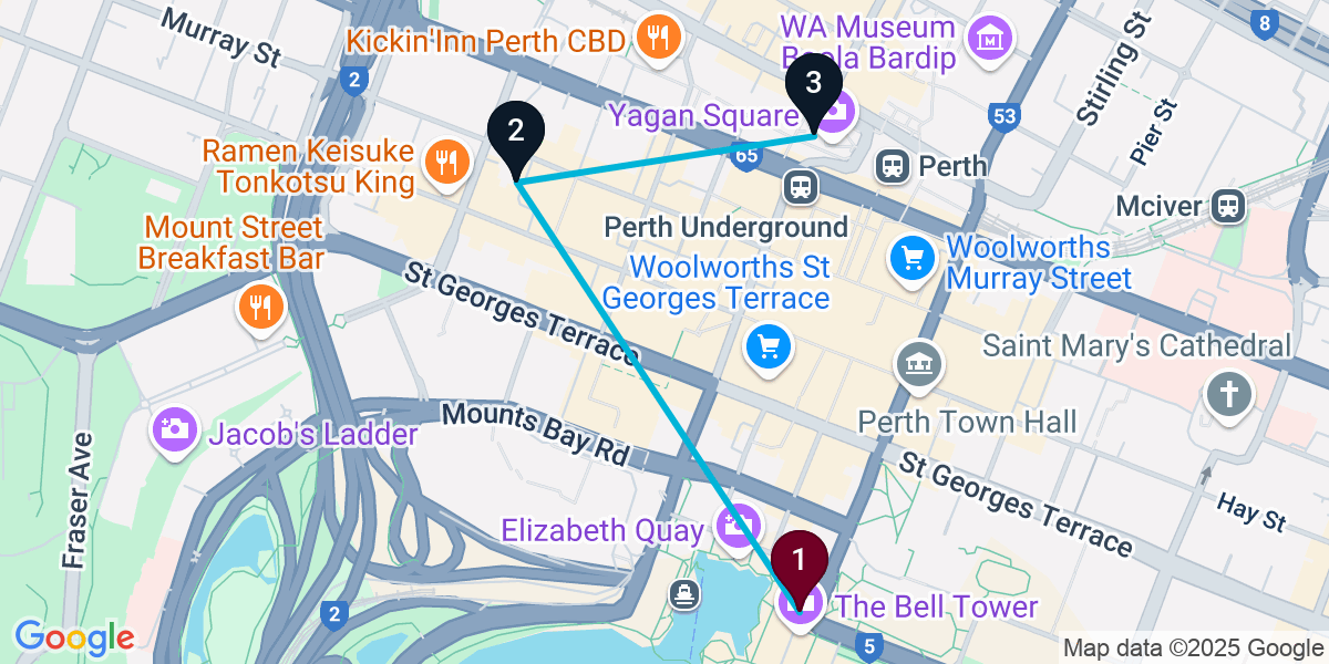 Map for 3-Stop Perth Cocktail Bar Crawl