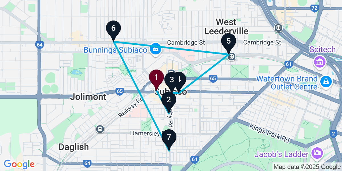 Map for 7-Stop Subiaco Bar Crawl
