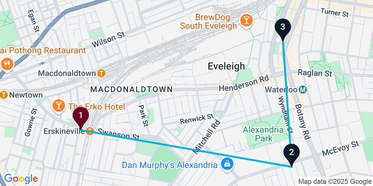 Map for 3-Stop Erskineville Brewery Bar Crawl