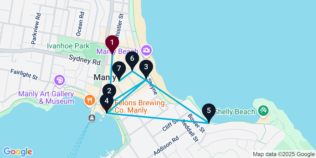 Map for 7-Stop Manly Pub Bar Crawl