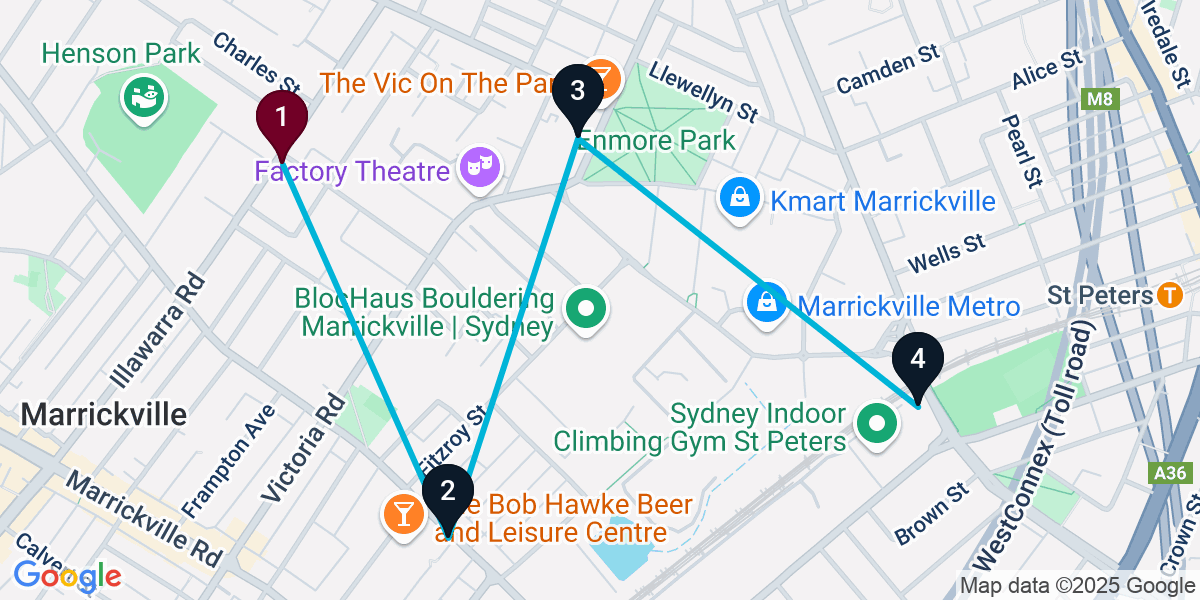 Map for 4-Stop Marrickville Brewery Bar Crawl