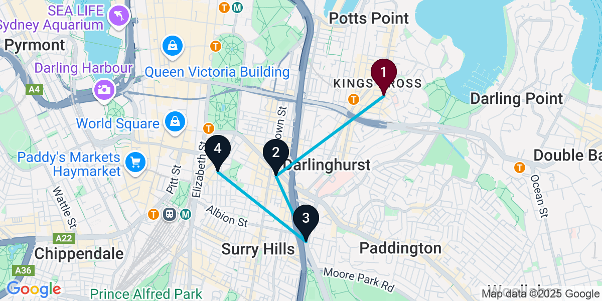 Map for 4-Stop Potts Point Brewery Bar Crawl