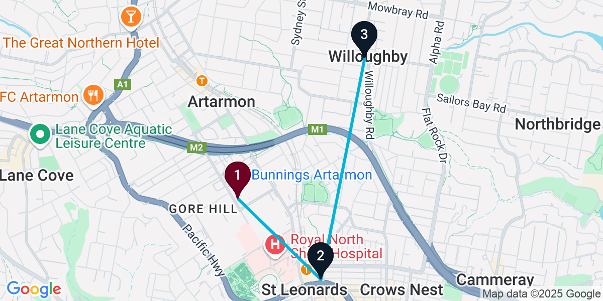 Map for 3-Stop Artarmon Pub Bar Crawl