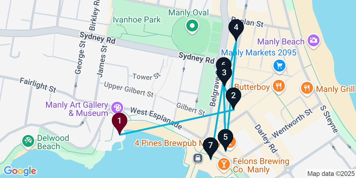 Map for 7-Stop Manly Wine bar Bar Crawl
