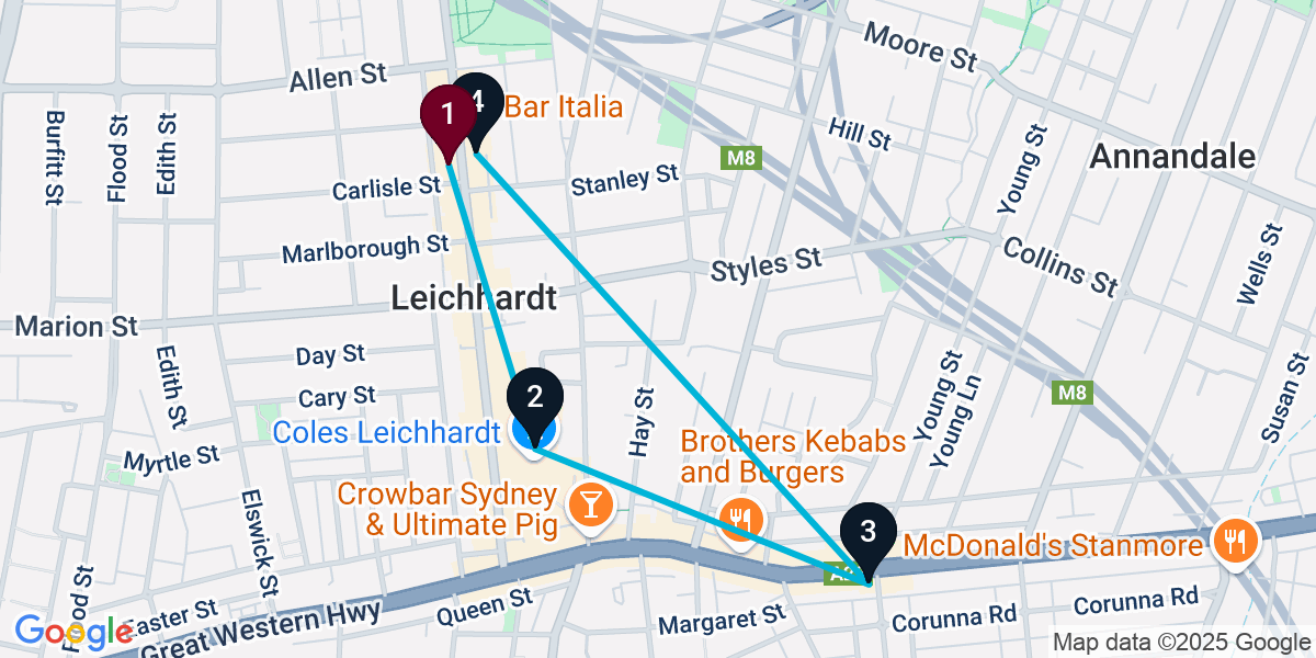 Map for 4-Stop Leichhardt Wine bar Bar Crawl