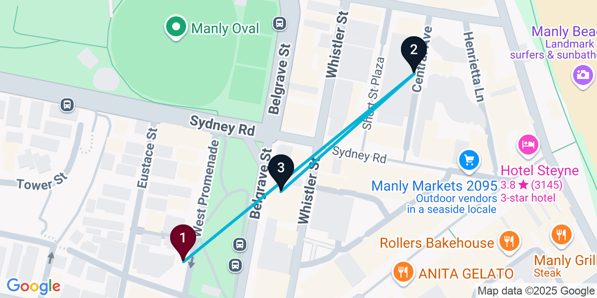 Map for 3-Stop Manly Speakeasy Bar Crawl