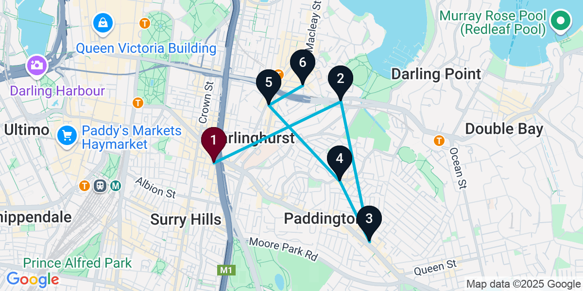 Map for 6-Stop Darlinghurst Wine bar Bar Crawl