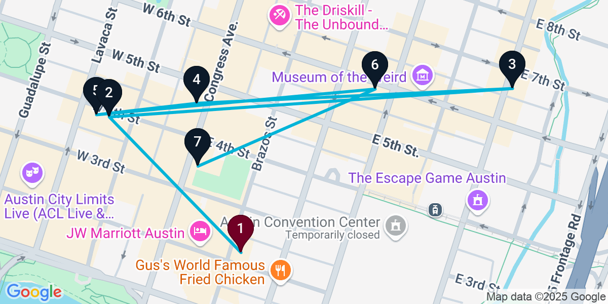 Map for 7-Stop Austin Nightclub Bar Crawl