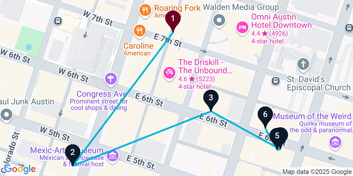 Map for 6-Stop Austin Live music Bar Crawl