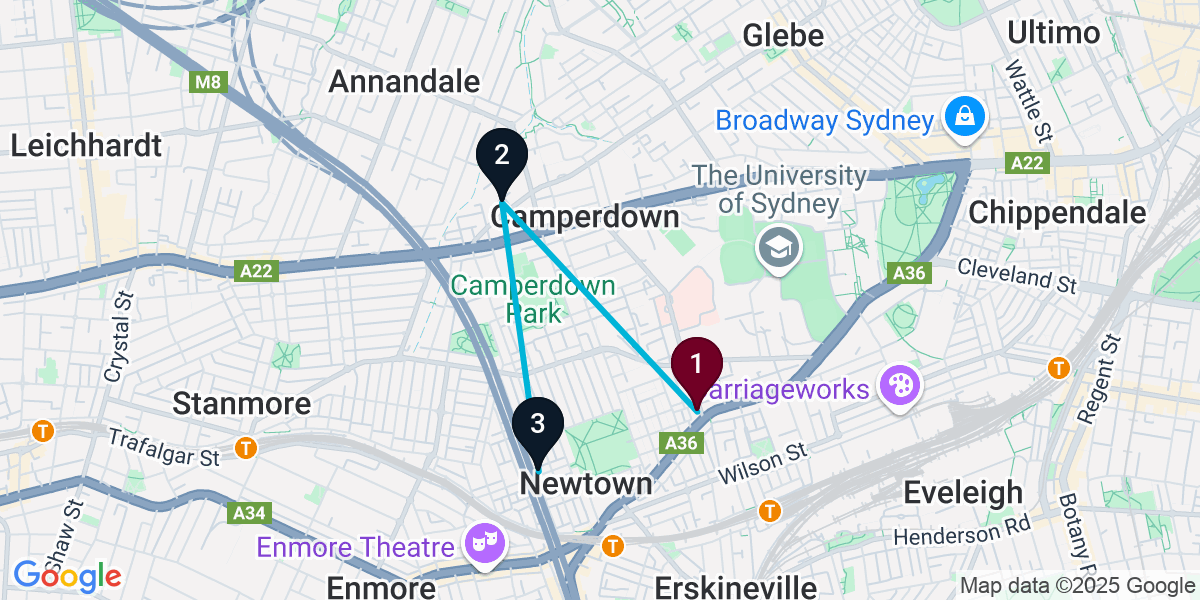 Map for 3-Stop Newtown Speakeasy Bar Crawl