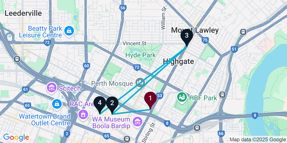 Map for 4-Stop Perth Live music Bar Crawl