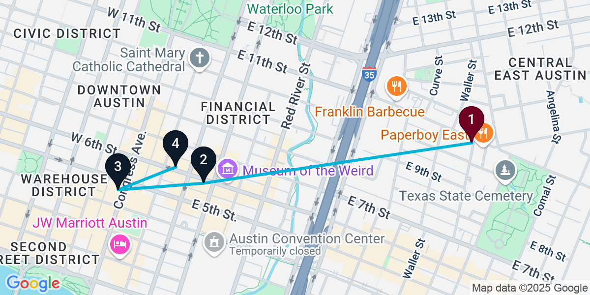 Map for 4-Stop Austin Live music Bar Crawl