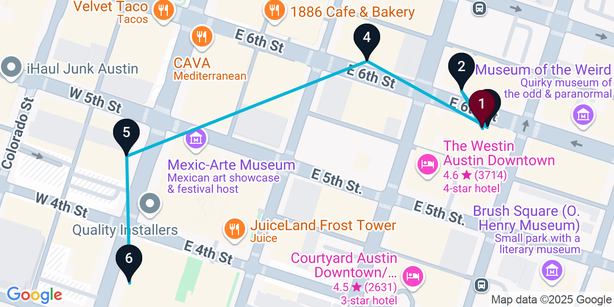 Map for 6-Stop Austin Live music Bar Crawl