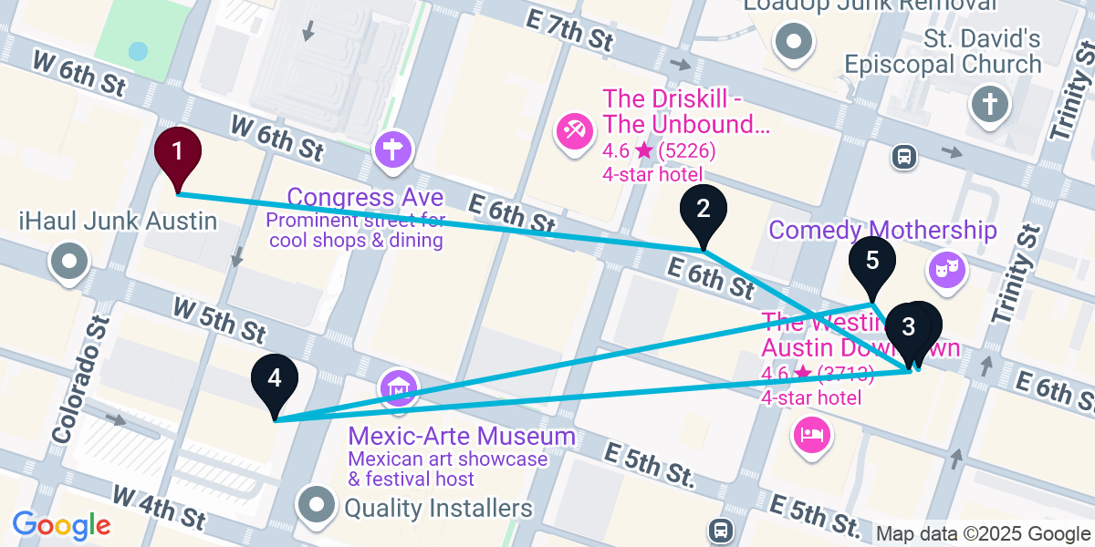 Map for 6-Stop Austin Live music Bar Crawl