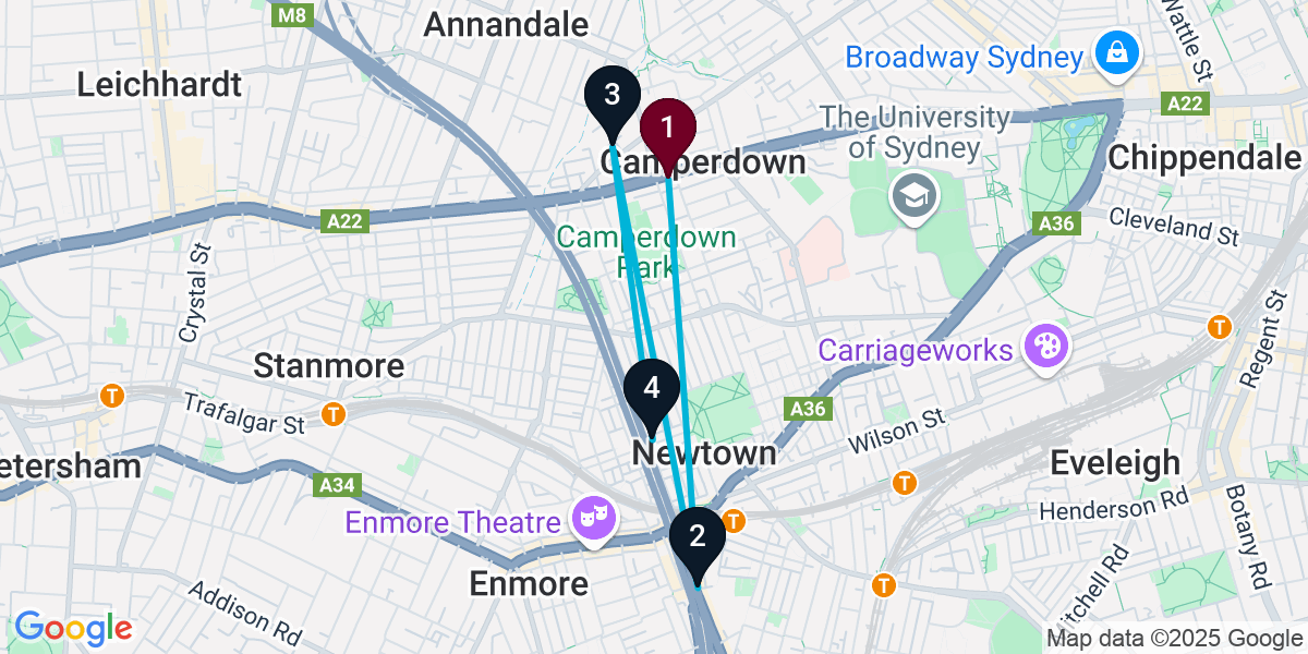 Map for 4-Stop Camperdown Speakeasy Bar Crawl
