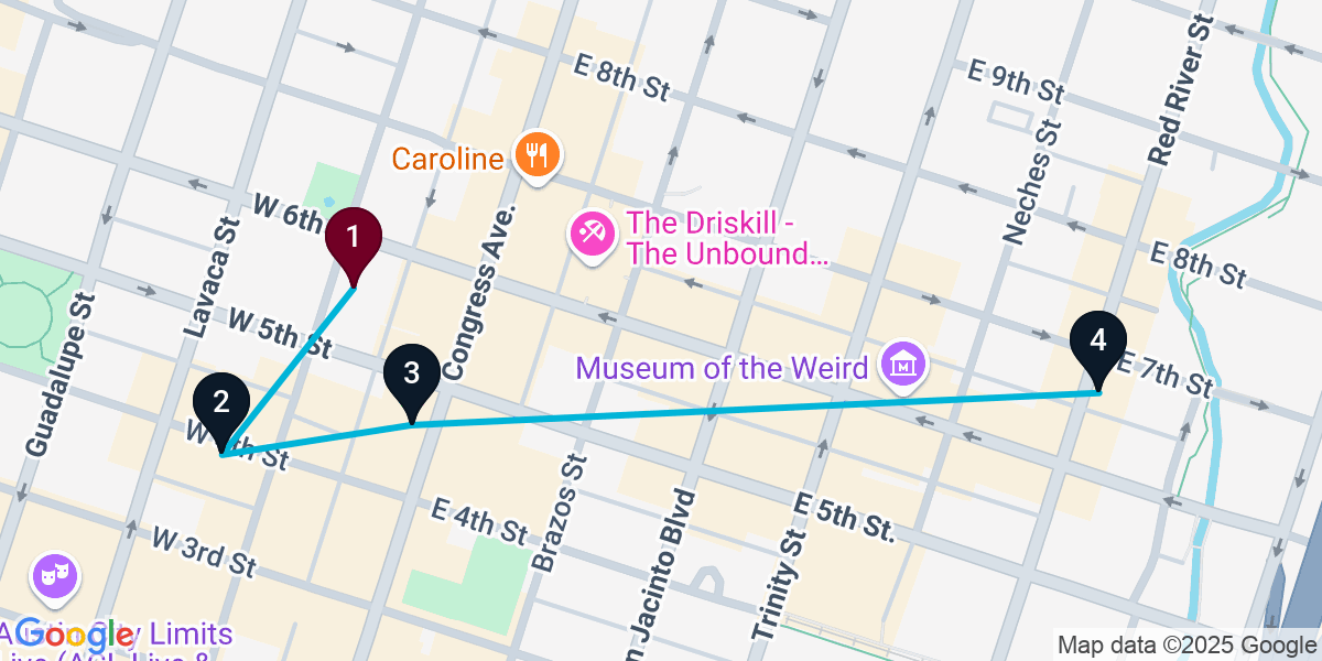 Map for 4-Stop Austin Nightclub Bar Crawl
