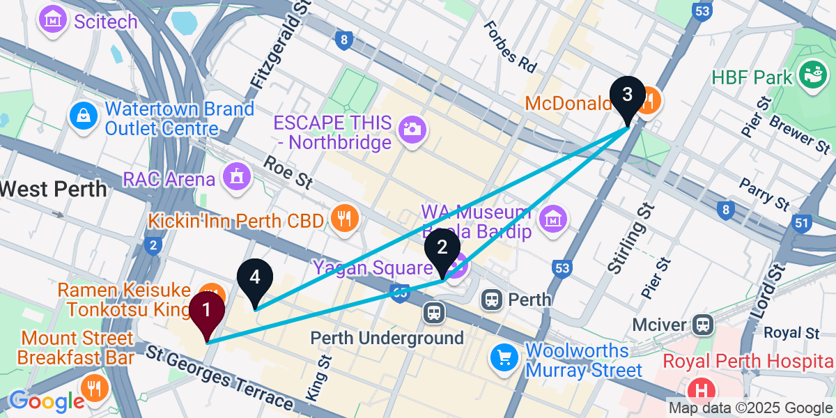 Map for 4-Stop Perth Cocktail Bar Crawl
