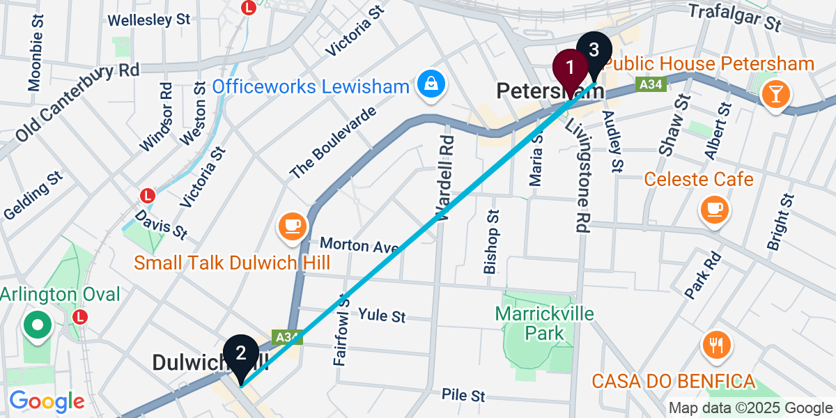 Map for 3-Stop Petersham Cocktail Bar Crawl