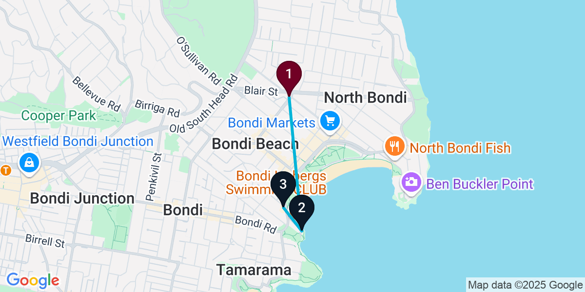 Map for 3-Stop Bondi Beach Rooftop Bar Crawl