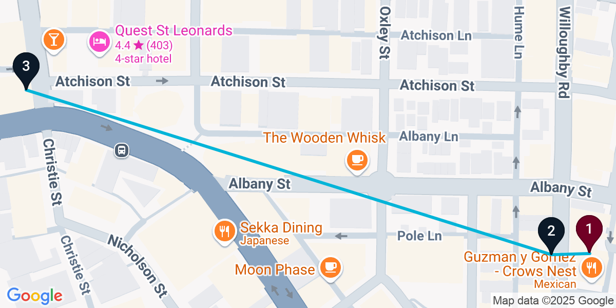 Map for 3-Stop Crows Nest Cocktail Bar Crawl