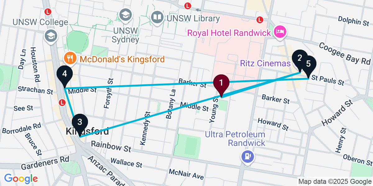 Map for 5-Stop Randwick Wine bar Bar Crawl