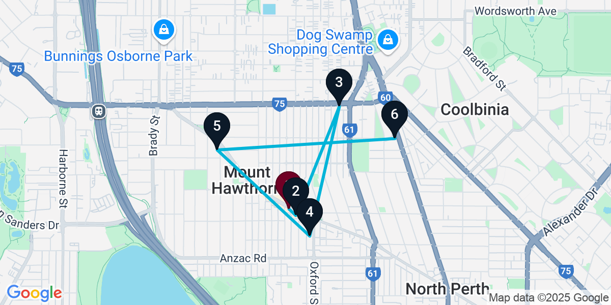 Map for 6-Stop Mount Hawthorn Bar Crawl