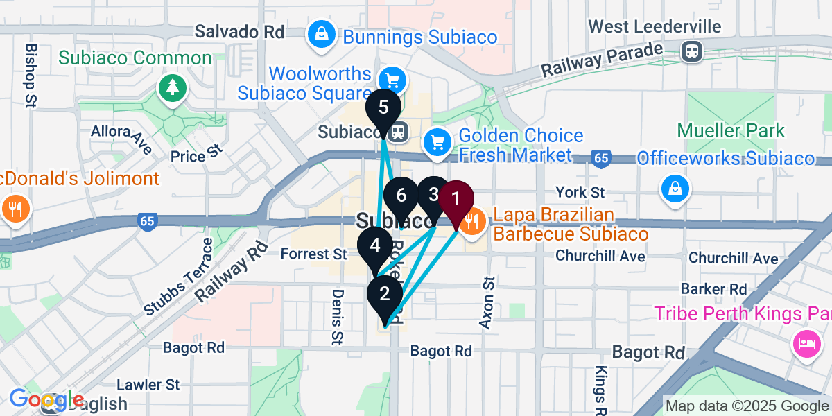 Map for 6-Stop Subiaco Bar Crawl
