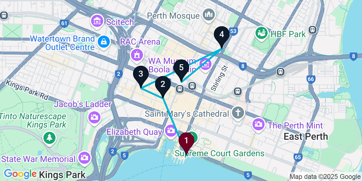 Map for 5-Stop Perth Cocktail Bar Crawl