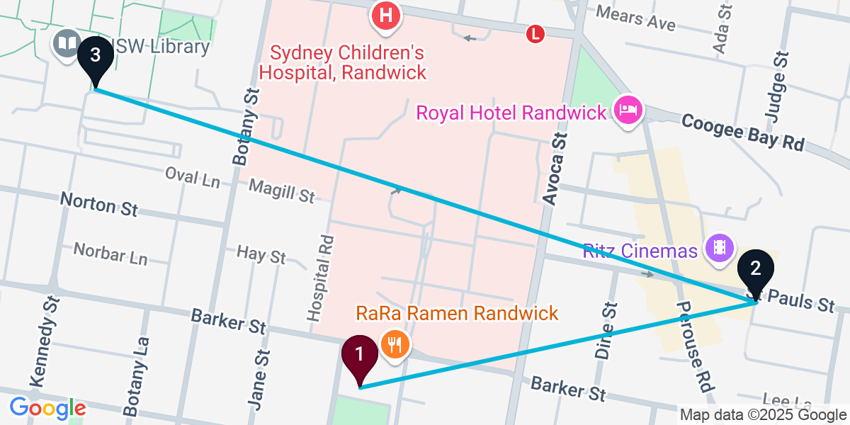 Map for 3-Stop Randwick Bar Crawl
