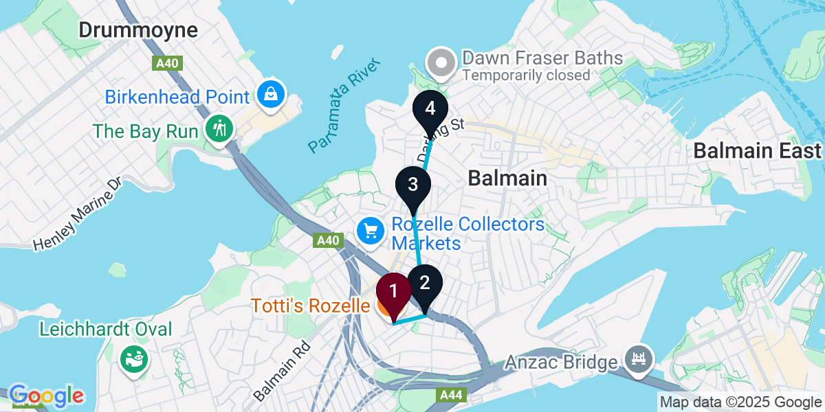 Map for 4-Stop Rozelle Pub Bar Crawl