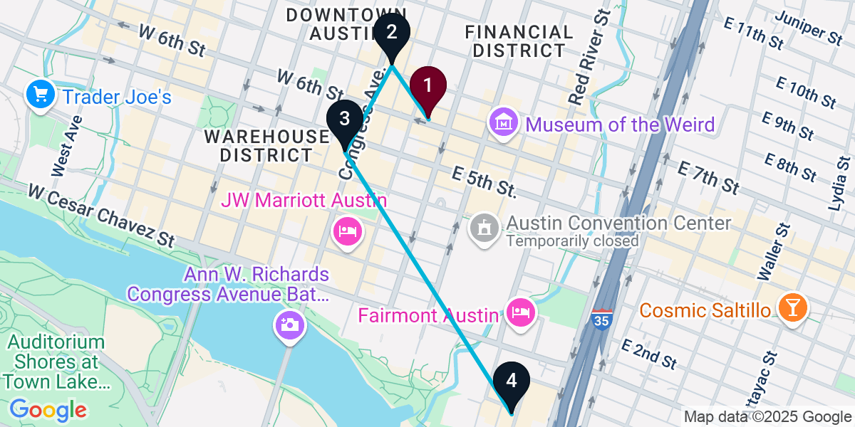 Map for 4-Stop Austin Rooftop Bar Crawl