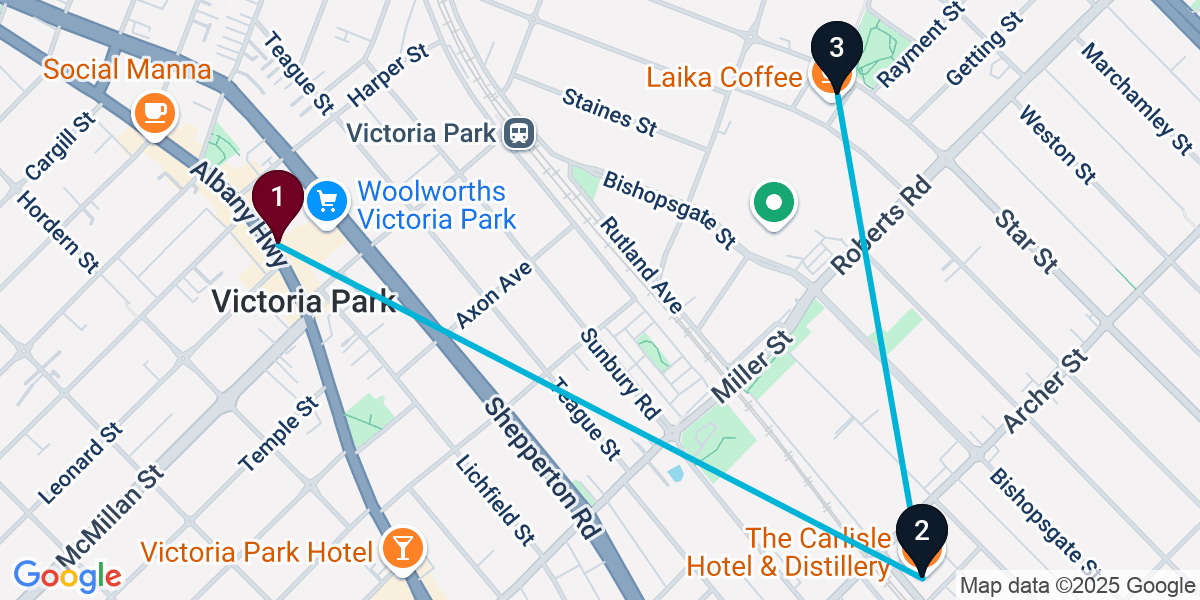 Map for 3-Stop Victoria Park Wine bar Bar Crawl