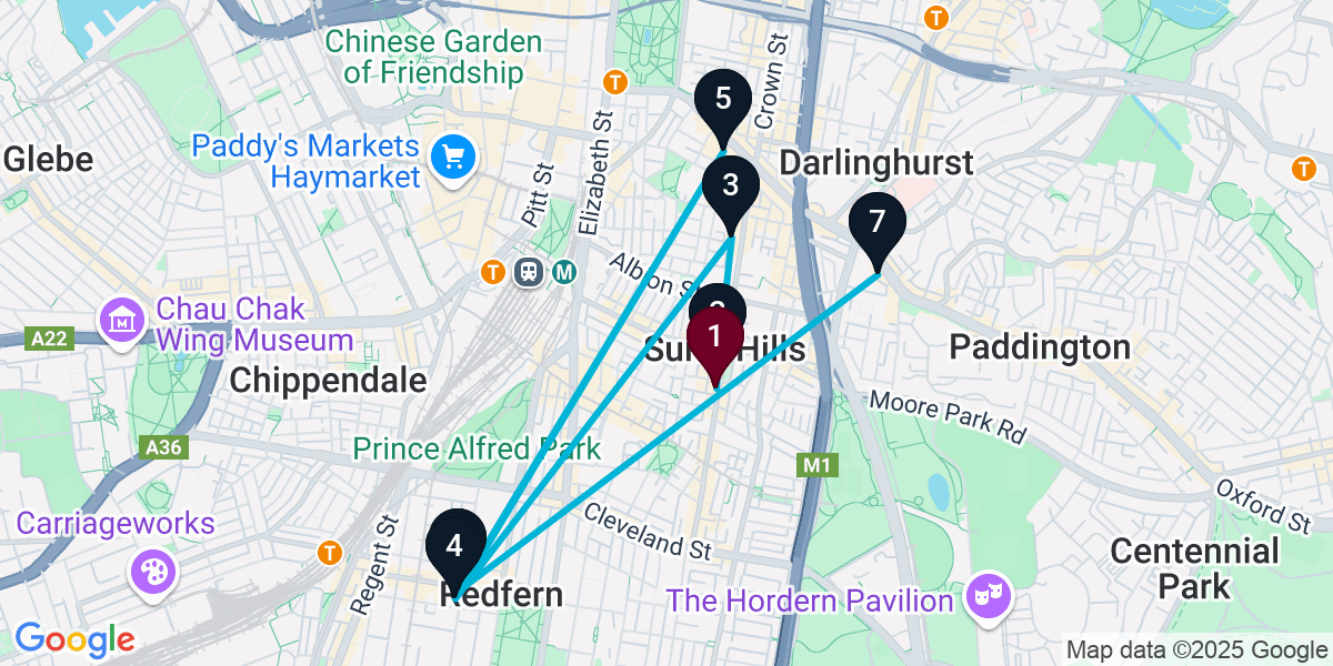 Map for 7-Stop Surry Hills Wine bar Bar Crawl