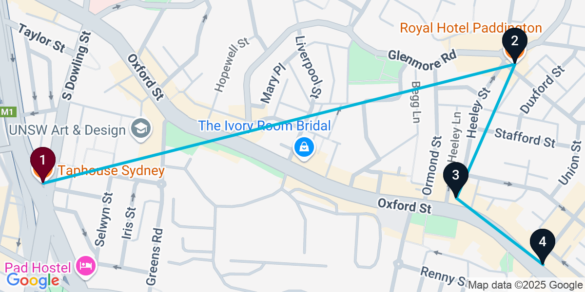 Map for 4-Stop Darlinghurst Pub Bar Crawl