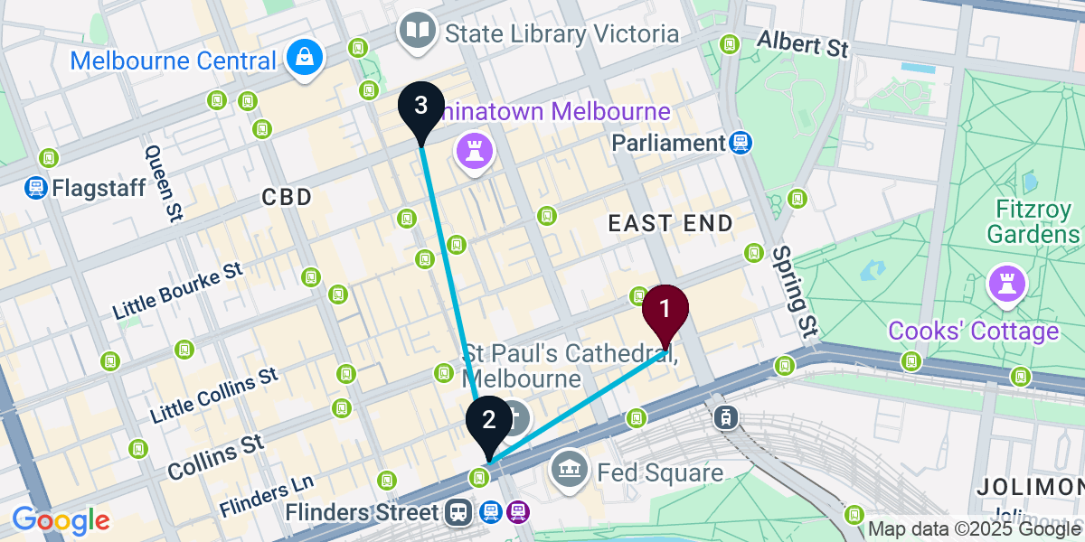 Map for 3-Stop Elite Melbourne Rooftop Bar Crawl